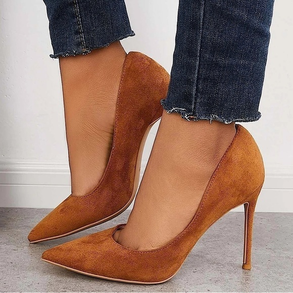 SUEDE POINTED TOE STILETTO Chestnut Color Women’s Size 5 1/2 LIKE NEW - Picture 1 of 14